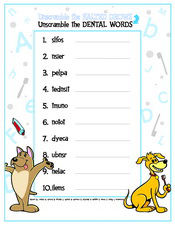 Unscramble the Dental Words activity sheet - Pediatric Dentist in Southington, Plainville, Chesire and Bristol, CT